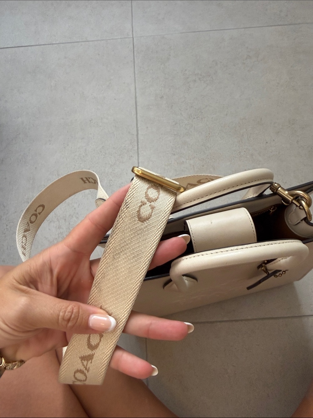 COACH Cream Leather Top-Handle Satchel with Logo and Signature Crossbody Strap - Picture 8 of 14